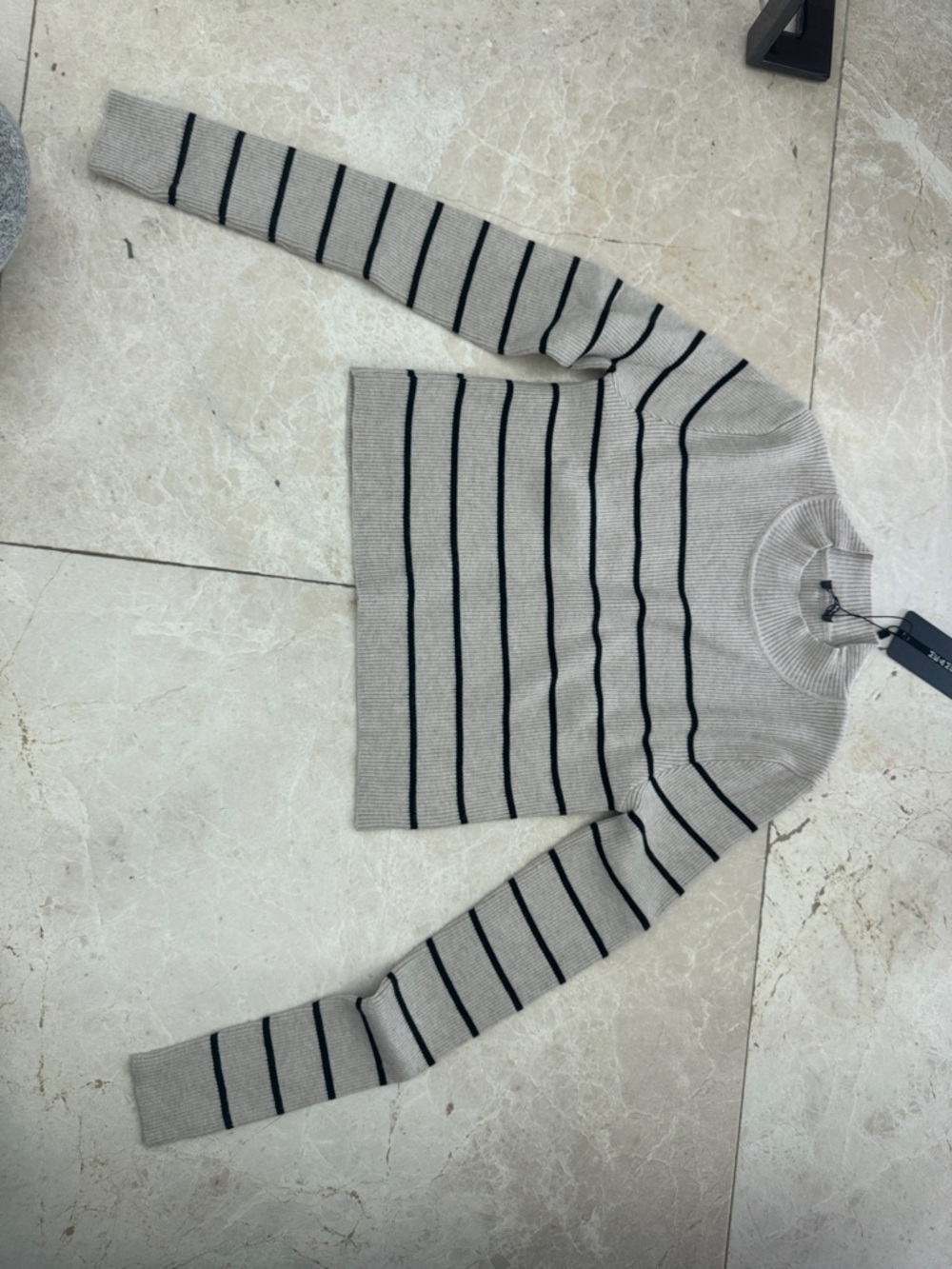 Striped Crewneck Sweater in Light Gray with Black Stripes